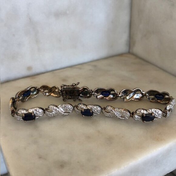 925 Marked Silver Infinity Tennis Bracelet with Sapphire Blue Stones 7 3… - Picture 1 of 16